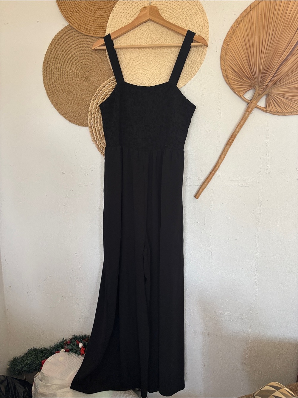 SHEIN Black Smocked Wide-Leg Jumpsuit